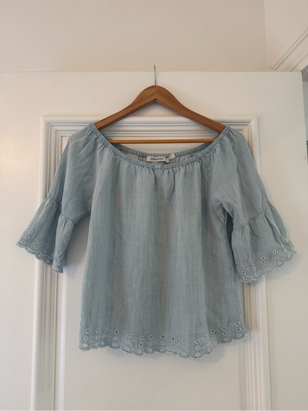 Oxford Pale Blue Off-Shoulder Eyelet Hem Blouse